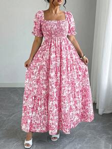 Elenzga Women's Bohemian Pink Random Print Long A Line Plus Size Dress With Square Neck Shirred Short Puff Sleeves And Flared Hem Resort Style - Pink - View 6