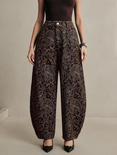 Anewsta Modern Design Digital Print Casual Curved Knife Coffee Color Jeans, High Waist Loose Slimming Straight Leg Pants For Women, Spring/Autumn New Arrival