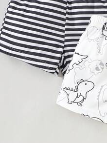 SHEIN Playful Pals 3pcs Baby/Toddler Boys' Cute Dinosaur Print, Classic Black & White Stripe, Solid Black Casual Shorts, Spring/Summer - Black and White - View 3