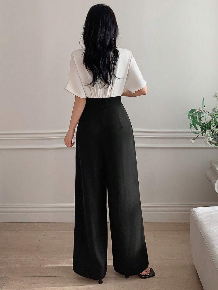 Women's Elegant Formal Jumpsuit With Contrast Color Blocking, V-Neck, Cinched Waist, Wide Leg Pants, Suitable For Spring And Autumn Jumpsuit