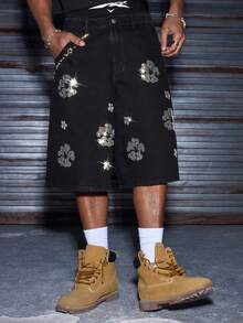 AXEPEAK Men's Fashionable Rhinestone Embellished Casual Shorts - Black - View 1