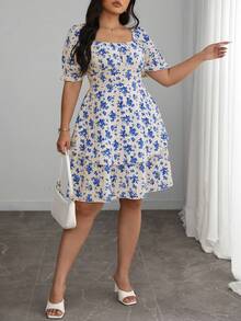 Elenzga 大码女式优雅法式蓝白碎花双层荷叶边短袖连衣裙，夏季 - 彩色 - 查看 3