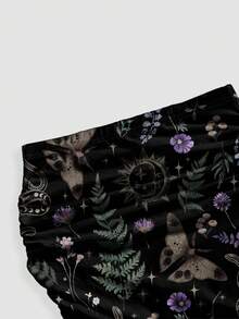 ROMWE Goth 哥特式神秘蛇、蝴蝶、飞蛾、树叶印花褶皱紧身美人鱼裙 - 黑色 - 查看 4