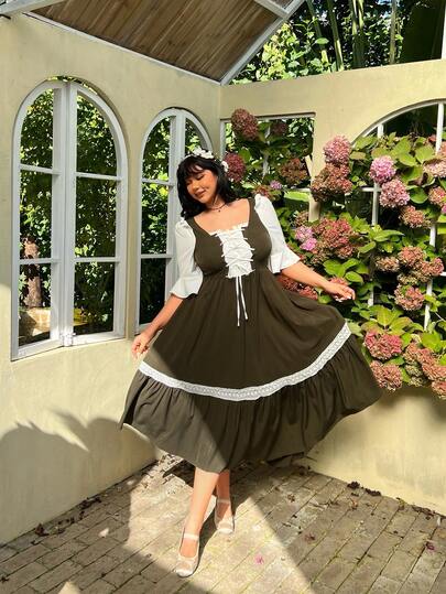 Flirla Plus Size Women's Vintage Medieval Style Contrast Color Lace-Up Dress