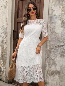 EMERY ROSE 女士时尚蕾丝短袖中长连衣裙，夏季 - 白色 - 查看 7