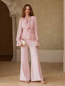 MOTF PREMIUM WOMEN'S ROMANTIC ELEGANT RUFFLE TRIM PINK LONG SLEEVE BLOUSE, SPRING/SUMMER - Baby Pink - View 1