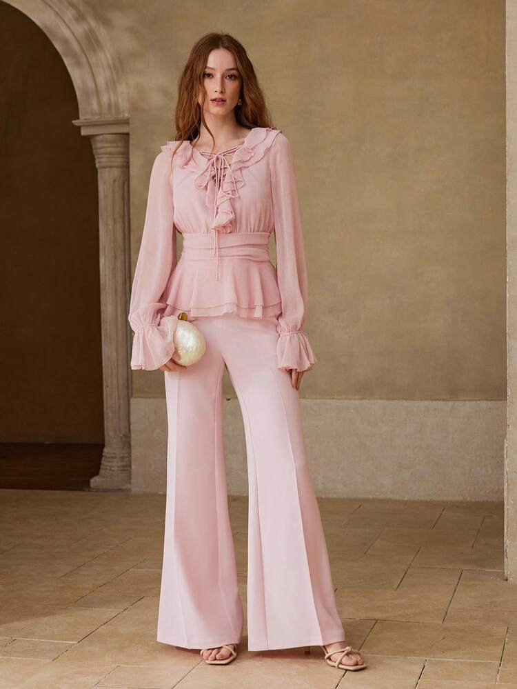 WOMEN'S ROMANTIC ELEGANT RUFFLE TRIM PINK LONG SLEEVE BLOUSE, SPRING/SUMMER
