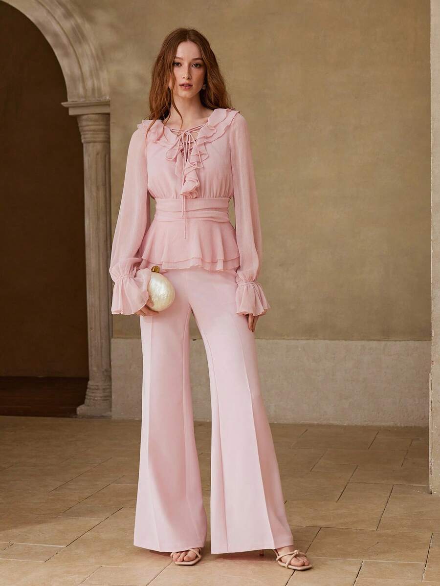 MOTF PREMIUM WOMEN'S ROMANTIC ELEGANT RUFFLE TRIM PINK LONG SLEEVE BLOUSE, SPRING/SUMMER - Baby Pink - View 1