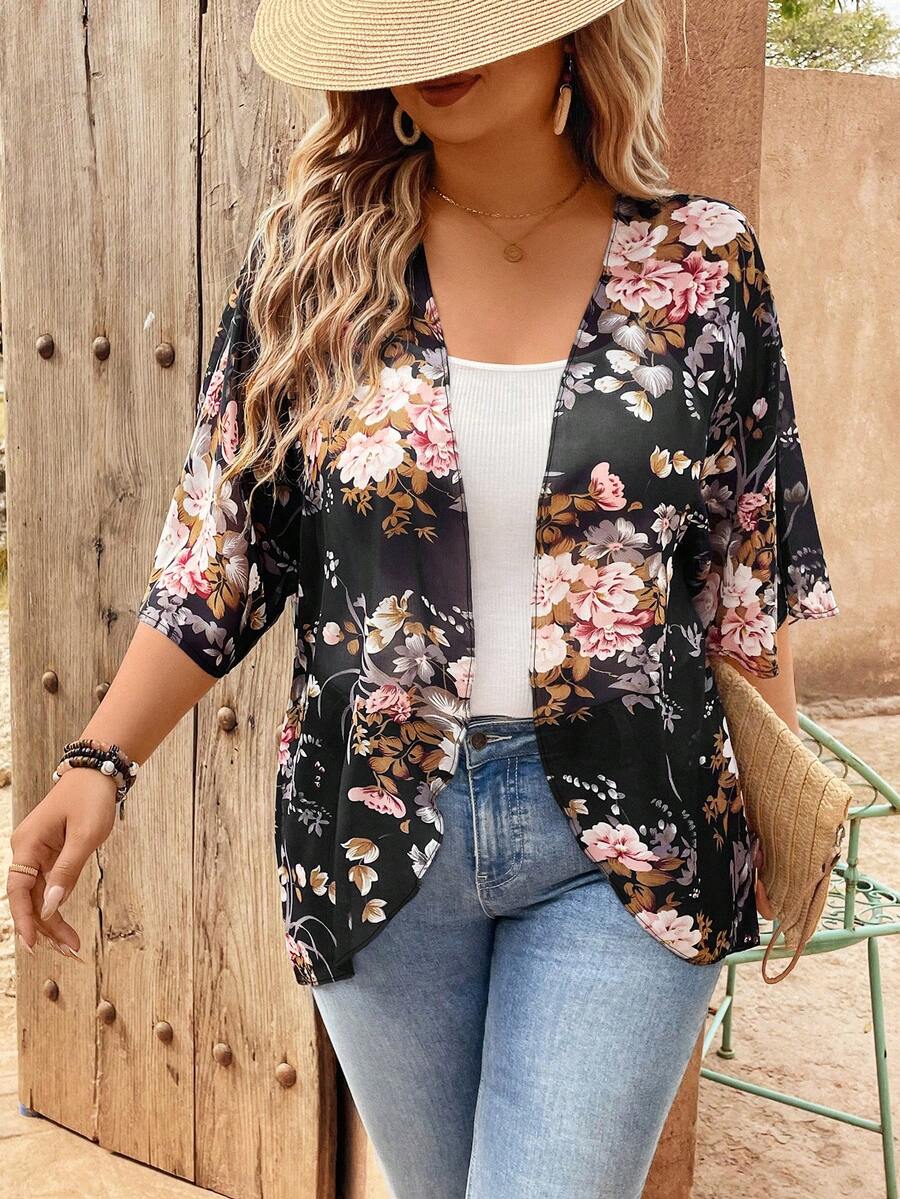 EMERY ROSE Đồ bơi trùm đầu tay bèo nhún họa tiết hoa cỡ lớn cho nữ, Kimono trùm đầu, mùa hè - Nhiều màu - Xem 1