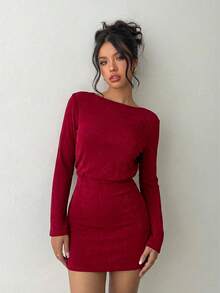 Aloruh Robe mini moulante dos nu à manches évasées, couleur unie, pour femme - Rouge foncé - Voir 3
