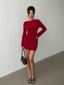Aloruh Robe mini moulante dos nu à manches évasées, couleur unie, pour femme - Rouge foncé - Voir 1