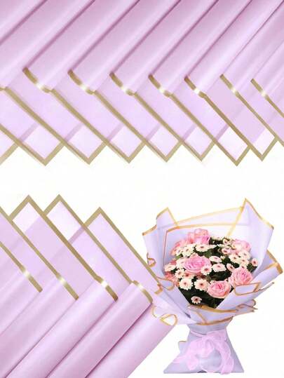 40 张韩式花束包装纸，金色边缘，DIY 手工礼品包装和装饰花卉用品，23 英寸 x 23 英寸，包装纸，薄纸，花束用品，紫色薄纸，用于礼品袋和包装，多色礼品包装纸，情人节礼品包装纸，生日艺术纸工艺品。