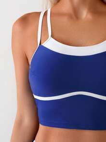 Swim Basics Women's Contrast Color Thin Strap Tankini Top And High Waist Bottoms Tankini Set - Navy Blue - View 5