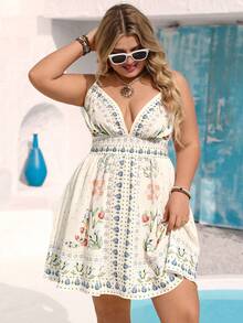 Vivid Eden 大码收腰A字露背休闲艺术印花长连衣裙，适合春夏穿着 - 彩色 - 查看 6