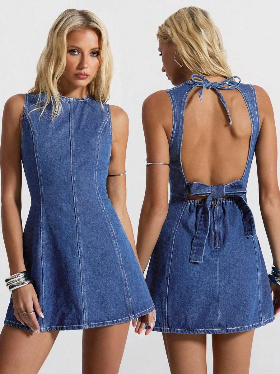 Jeanoix Đầm denim nữ màu trơn, hở lưng, thắt nơ, không tay, kiểu dáng thường ngày. - Rửa nhẹ - Xem 1