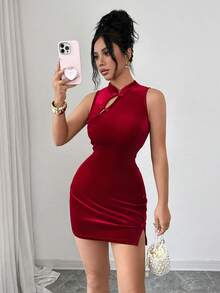 Franclia Đầm ngắn ôm sát không tay cổ sườn xám màu đỏ trơn bằng nhung dành cho nữ, kiểu Trung Quốc, đầm đỏ, đầm năm mới, đầm hẹn hò, đầm mặc hàng ngày, đầm ngày Valentine. - Màu Đỏ Sâu - Xem 6