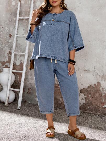 EMERY ROSE Mature Denim Plus Size Denim Long Sleeve Top And Pants 2 Pieces Set,Summer,Valentine's Day,