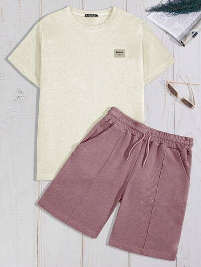 EURMUSE 100%Cotton Men's Classic Waffle Check Placket Detail Short Sleeve T-Shirt And Shorts Set