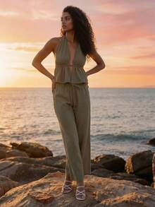 CAJUNI Women's Summer Vacation Halter Backless Army Green Top And Pants Set - Green - View 4