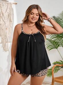 SHEIN CURVE+ Conjunto de tankini de 2 piezas con estampado de leopardo acanalado para mujer de talla grande, ropa de playa - Multicolor - Ver 6