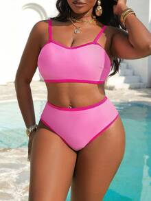 Slaydiva Plus Size Women Solid Color Splice Drawstring 2-Piece Bikini Set, Swimwear For Beach, Holiday, Swimming, Party, Yacht - Pink - View 4