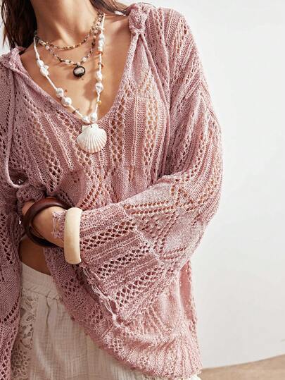 Bohemela Women's Solid Color Minimalist Hollow Long Sleeve Sweater, Everyday Wear