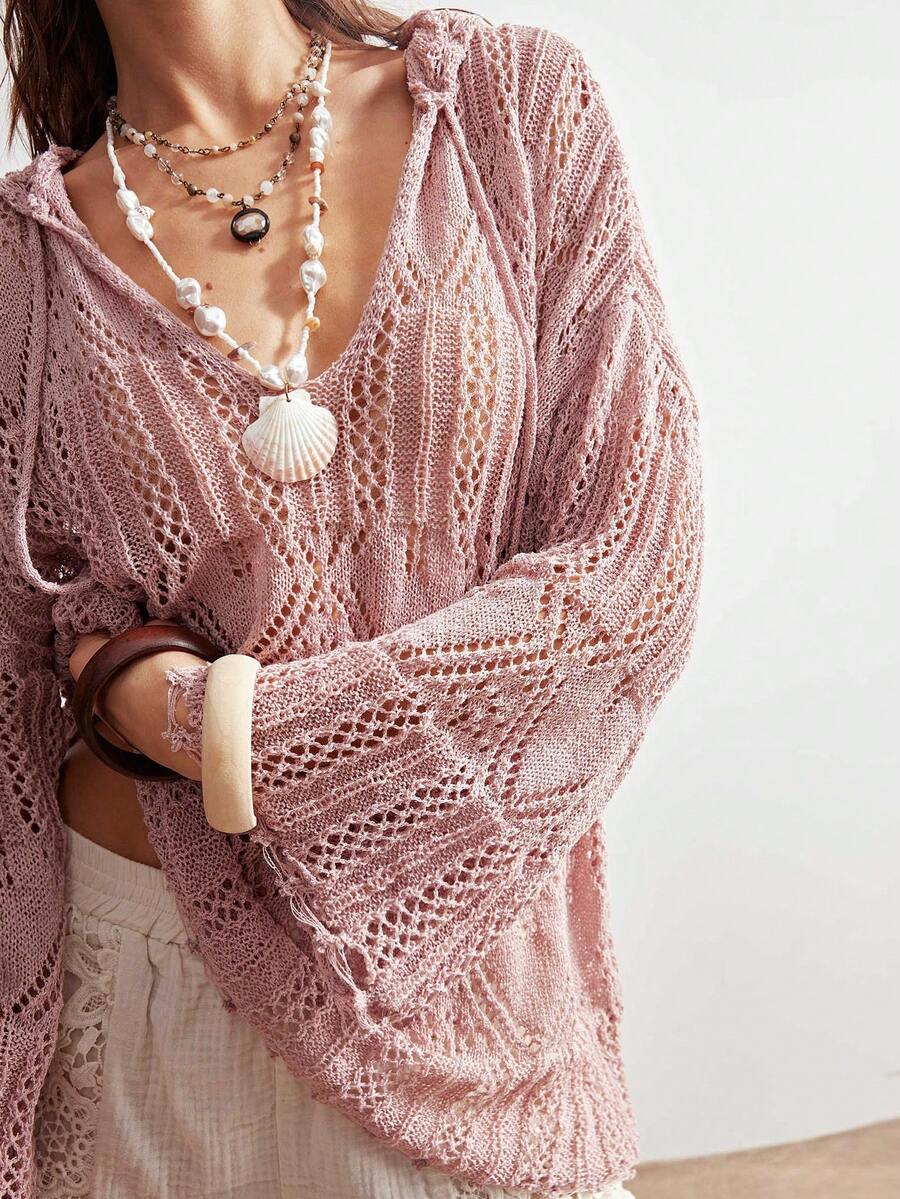 Bohemela Boho Spring/Summer , Vintage Women's Solid Color Hot Pink Minimalist Hollow Long Sleeve Hooded Sweater, Everyday Wear, Valentines For Women, Western Country Style Concert Party, Suitable For Beach Vacation & Daily Wear & Back To School & Going Outs & Party, Christmas , 2000s , Summer Holidays - Dusty Pink - View 1