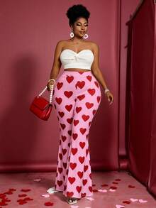 Maweii Quần ống loe cạp cao in hình trái tim thời trang dành cho nữ cỡ lớn - Hồng - Xem 6