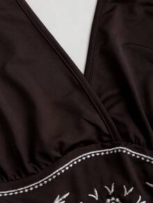 Sweetra Women's Bohemian Brown Embroidered Halter Neck Jumpsuit - Coffee Brown - View 5