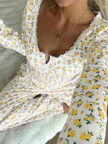 CottageSlumber Conjunto de pijama de manga larga con cuello cuadrado, encaje y estampado floral romántico con botones, estilo Cottage Slumber - Amarillo - Ver 3