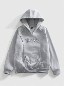 ROMWE MEN Essentials 男士字母印花连帽休闲长袖套头卫衣 - 灰色 - 查看 3