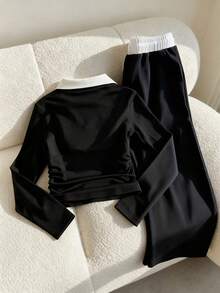 Teen Girl Casual Everyday Work Commute Contrast V-Neck Embroidered Long Sleeve Pleated Slim Fit T-Shirt And Drawstring Waist Wide Leg Pants Set, Spring/Autumn - Black - View 2