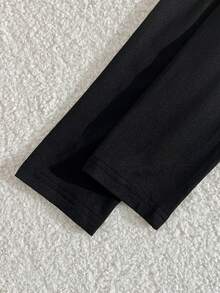 Teen Girl Casual Everyday Work Commute Contrast V-Neck Embroidered Long Sleeve Pleated Slim Fit T-Shirt And Drawstring Waist Wide Leg Pants Set, Spring/Autumn - Black - View 10