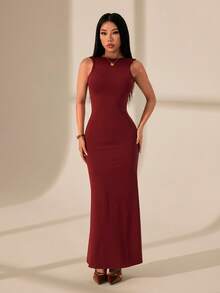 SHEIN PETITE 酒红色性感简约优雅露背无袖连衣裙，适合鸡尾酒会、浪漫约会、秋冬叠穿、派对、正式聚会、夜间外出、婚礼宾客、万圣节、圣诞节等场合。 - 酒紅色 - 查看 3