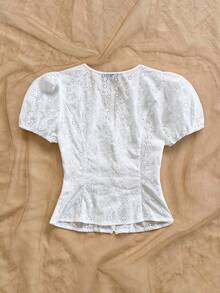Soleia Women's Hollow Out Embroidery Puff Sleeve Casual Blouse - White - View 2