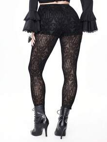 ROMWE Spring/Summer Plus Size Gothic Palace Style Flocked Sheer Leggings  Valentine's Day - Black - View 3