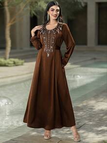 Layrah Coffee Brown Satin Handmade Beaded Embellished Arabic Style Maxi Dress