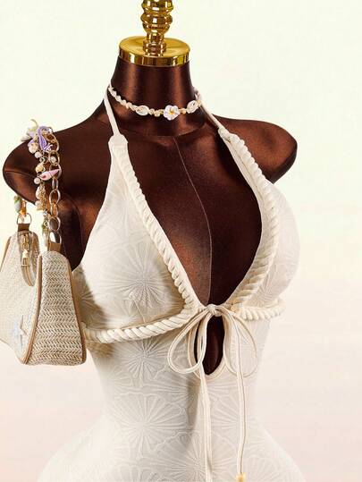 Amplova Women's Textured Front Tie Deep V Sexy Halter Mini Dress Hemp Rope Cutout Tie Bow Deep V-Neck Shell Jacquard Sleeveless Halter Neck Tie Mini Tight Backless Dress