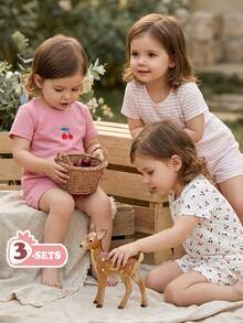 SHEIN Vintaside Kids 6件套女婴新生儿幼儿0-3岁春夏新款可爱兔子纯色条纹T恤短裤套装 - 粉色 - 查看 8