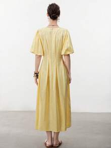 Aalyst Women's Elegant Minimalist Romantic Vacation Linen A-Line Ruffle Design Long Sleeve Midi Dress, Light Yellow, Suitable For Spring/Summer, Occasions Like New Year, Valentine's Day, Easter, Mother's Day, Middle Eastern Weddings - Light Yellow - View 2