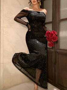 DAZY 优雅露肩中长连衣裙，收腰设计，适合婚礼、派对、正式场合，春夏闪亮连衣裙 - 黑色 - 查看 6