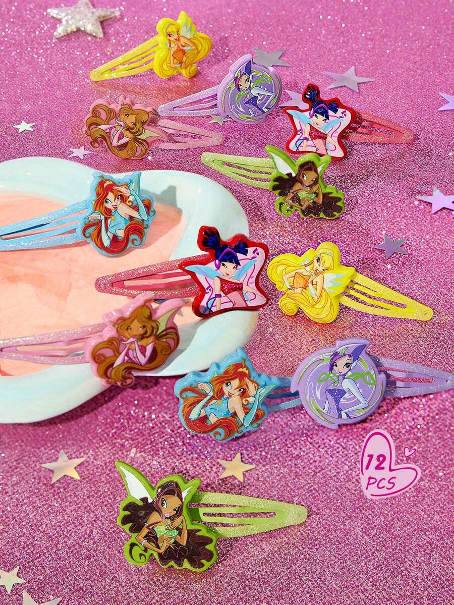The Winx X SHEIN Bộ 12 kẹp tóc hình hoạt hình dễ thương, phụ kiện tóc dành cho nữ, thích hợp để kẹp tóc mái và tóc gãy theo phong cách Y2K. - Nhiều màu - Xem 1