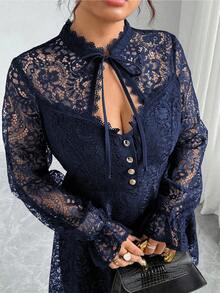 Elenzga Đầm ren dài tay thanh lịch dành cho nữ cỡ lớn, thích hợp cho tiệc tùng. - Màu xanh hải quân - Xem 8