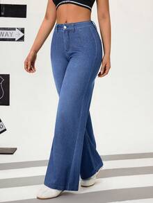 Flexra Quần jeans ống đứng cạp cao giặt thường ngày cho nữ - Màu xanh lam - Xem 4