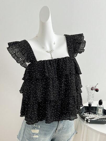 Elamini Women's Crinkle Plaid & Black Polka Dot Oversized Collar Cap Sleeve Blouse