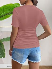 SHEIN Maternity Casual Everyday Commute Solid Color Short Sleeve Ruched Fitted T-Shirt, Summer Maternity T Shirt Solid Color Tops - Coral Pink - View 2