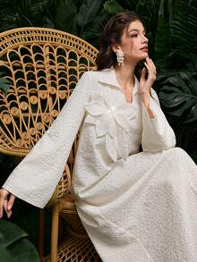 Al Najma 女士杏色纹理花卉长袖优雅阿拉伯连衣裙，春夏款 - 杏色 - 查看 1