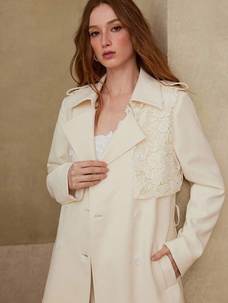 GUIPURE LACE PANEL DOUBLE BREASTED BELTED TRENCH COAT