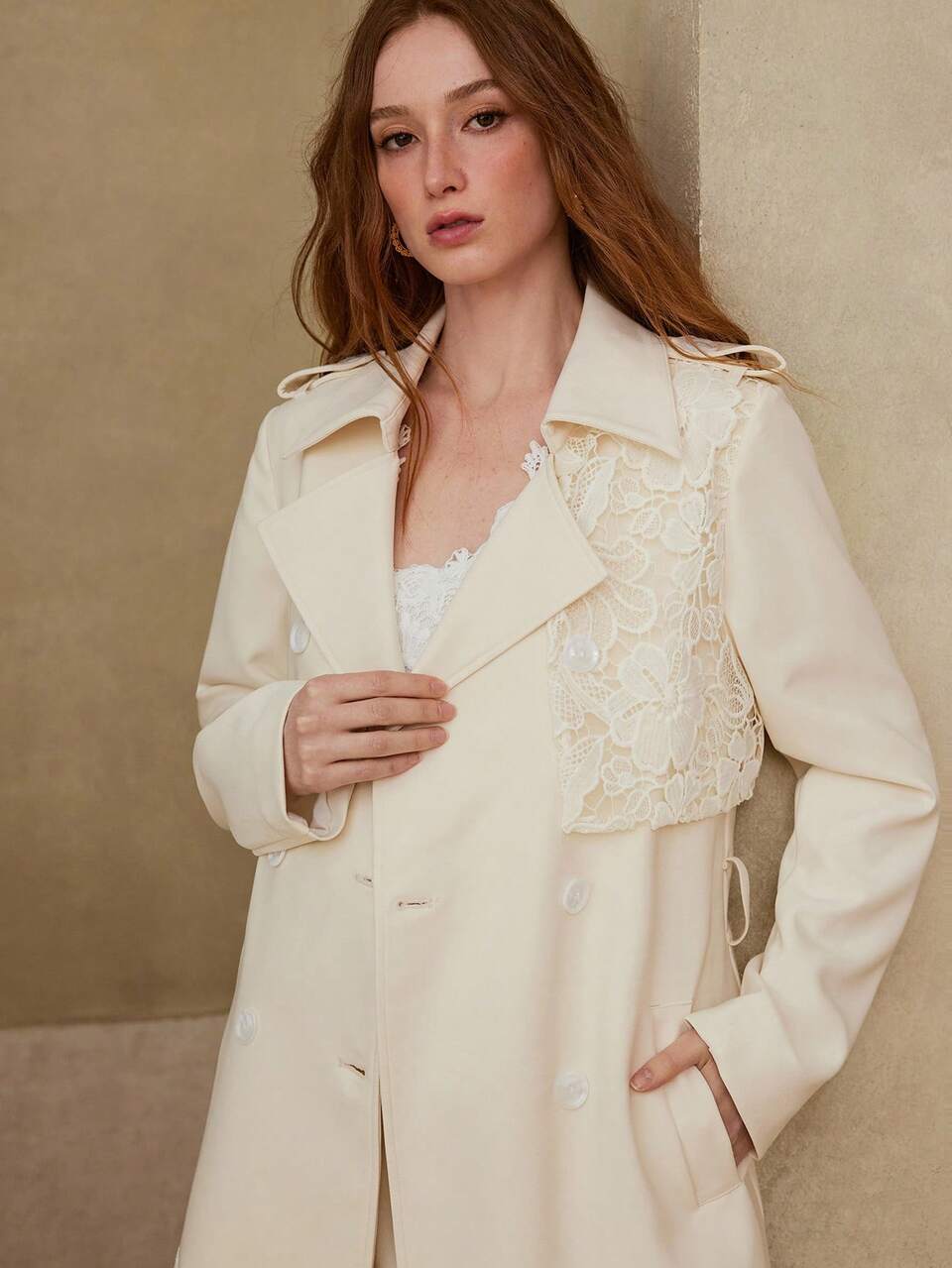 GUIPURE LACE PANEL DOUBLE BREASTED BELTED TRENCH COAT