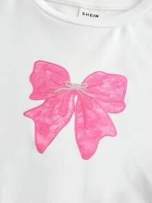 2 Stücke/Set Kleine Mädchen Weißes T-Shirt mit Schleifen Muster & Rosa Blumen Muster Hose, Lässig, Modisch, Vielseitig, geeignet für Ausflüge, Schwester Fotoshootings, Parkbesuche, Camping, Urlaub, Alltags Lässig Tragen - Verschiedenfarbig - Übersicht 3